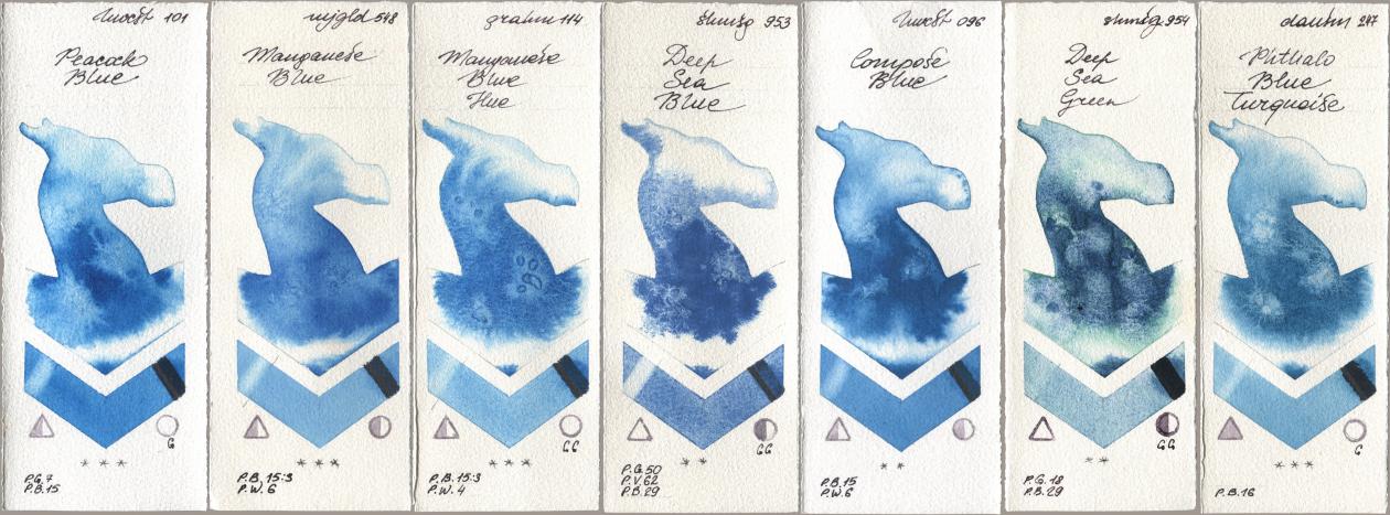 Holbein Artists Watercolor 101 Peacock Blue, Mijello Mission Gold 548 Manganese Blue, M. Graham & Co. Artists 114 Manganese Blue Hue, Shminke Horadam Aquarell 953 Deep Sea Blue, 096 Compose Blue, 954 Deep Sea Green, Daniel Smith 247 Phthalo Blue Turquoi watercolor swatch