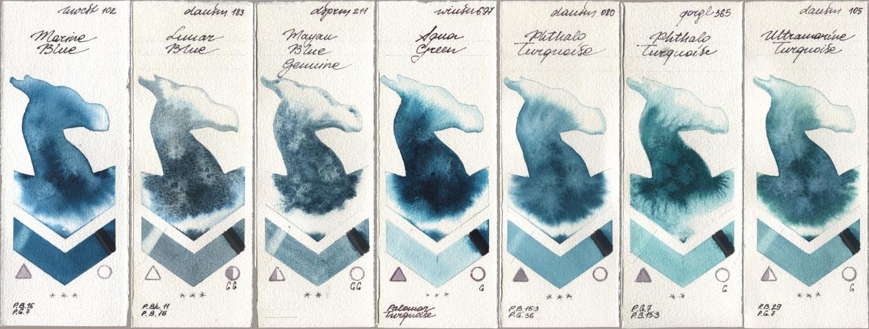 Holbein Artists Watercolor 102 Marine Blue, Daniel Smith 183 Lunar Blue, 211 Mayan Blue Genuine, Winsor & Newton Professional 697 Aqua Green, 080 Phthalo Turquoise, Golden QOR 365 Phthalo Turquoise, 105 Ultramarine Turquoi watercolor swatch