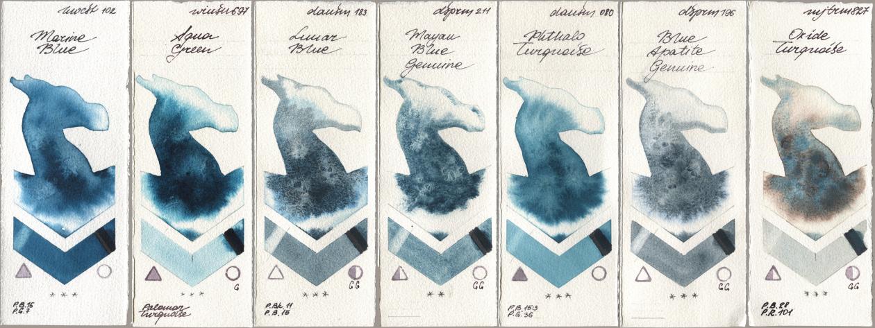 Holbein Artists Watercolor 102 Marine Blue, Winsor & Newton Professional 697 Aqua Green, Daniel Smith 183 Lunar Blue, 211 Mayan Blue Genuine, 080 Phthalo Turquoise, 196 Blue Apatite Genuine, Mijello Mission Gold 827 Oxide Turquoi watercolor swatch