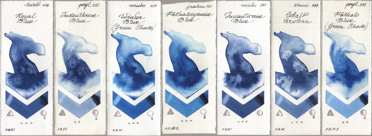 Holbein Artists Watercolor 103 Royal Blue, Golden QOR 335 Indanthrone Blue, Winsor & Newton Professional 707 Winsor Blue (Green Shade), M. Graham & Co. Artists 140 Phthalocyanine Blue, 321 Indanthrene Blue, Shminke Horadam Aquarell 499 Cobalt Cerulean, 345 Phthalo Blue (Green Shad watercolor swatch