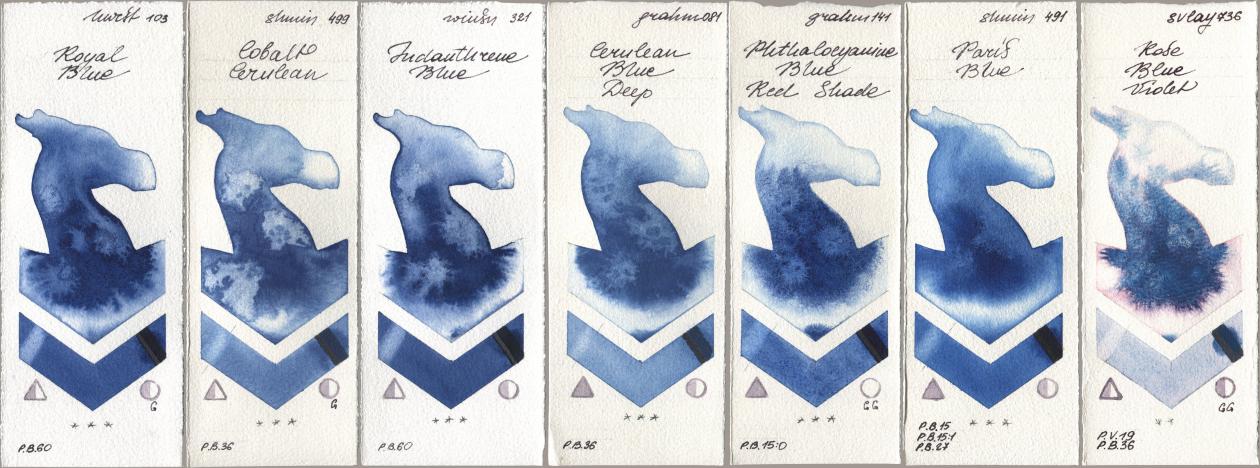 Holbein Artists Watercolor 103 Royal Blue, Shminke Horadam Aquarell 499 Cobalt Cerulean, Winsor & Newton Professional 321 Indanthrene Blue, M. Graham & Co. Artists 081 Cerulean Blue Deep, 141 Phthalocyanine Blue Red Shade, 491 Paris Blue, SuperVision 736 Rose Blue Viol watercolor swatch