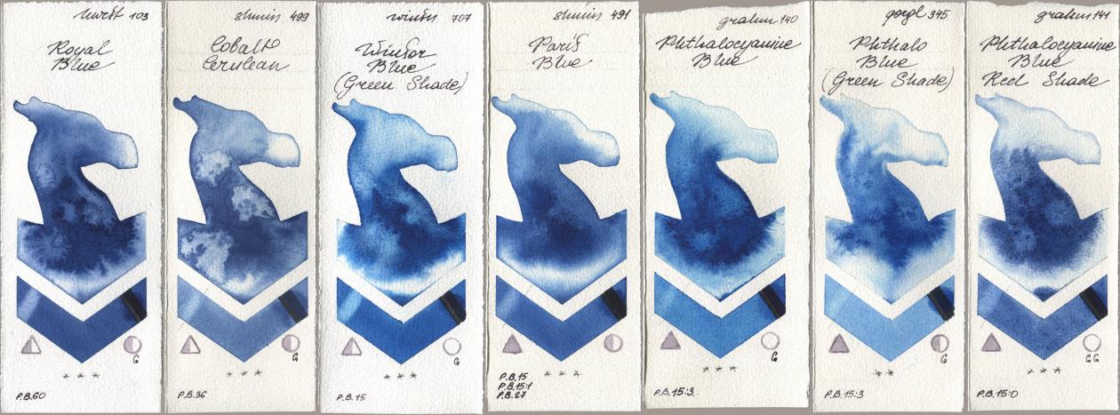 Holbein Artists Watercolor 103 Royal Blue, Shminke Horadam Aquarell 499 Cobalt Cerulean, Winsor & Newton Professional 707 Winsor Blue (Green Shade), 491 Paris Blue, M. Graham & Co. Artists 140 Phthalocyanine Blue, Golden QOR 345 Phthalo Blue (Green Shade), 141 Phthalocyanine Blue Red Sha watercolor swatch