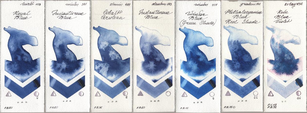 Holbein Artists Watercolor 103 Royal Blue, Winsor & Newton Professional 321 Indanthrene Blue, Shminke Horadam Aquarell 499 Cobalt Cerulean, Daniel Smith 043 Indanthrone Blue, 707 Winsor Blue (Green Shade), M. Graham & Co. Artists 141 Phthalocyanine Blue Red Shade, SuperVision 736 Rose Blue Viol watercolor swatch
