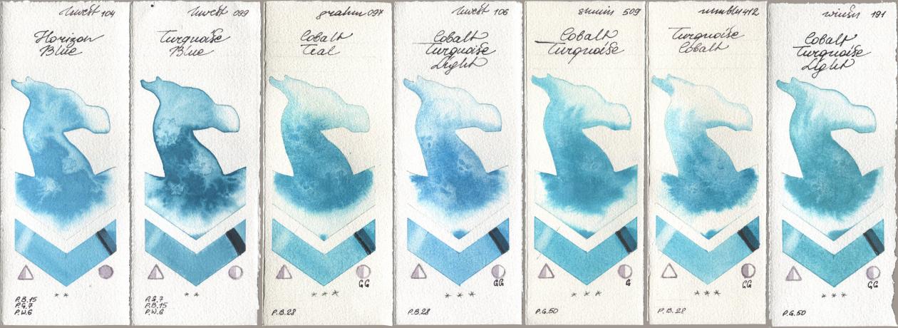 Holbein Artists Watercolor 104 Horizon Blue, 099 Turquoise Blue, M. Graham & Co. Artists 097 Cobalt Teal, 106 Cobalt Turquoise Light, Shminke Horadam Aquarell 509 Cobalt Turquoise, Maimeri Blu 412 Turquoise Cobalt, Winsor & Newton Professional 191 Cobalt Turquoise Lig watercolor swatch