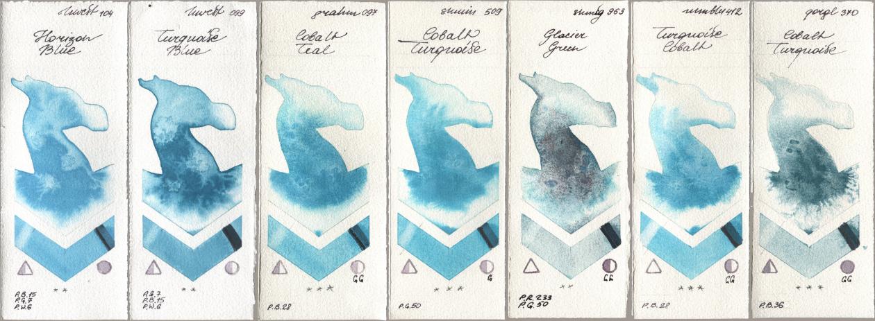 Holbein Artists Watercolor 104 Horizon Blue, 099 Turquoise Blue, M. Graham & Co. Artists 097 Cobalt Teal, Shminke Horadam Aquarell 509 Cobalt Turquoise, 963 Glacier Green, Maimeri Blu 412 Turquoise Cobalt, Golden QOR 370 Cobalt Turquoi watercolor swatch