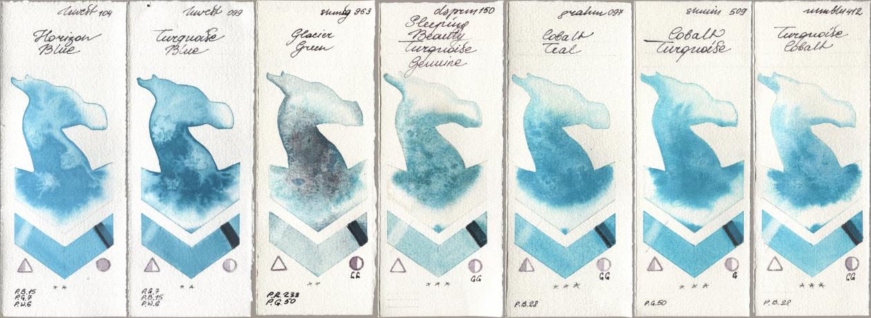 Holbein Artists Watercolor 104 Horizon Blue, 099 Turquoise Blue, Shminke Horadam Aquarell 963 Glacier Green, Daniel Smith 150 Sleeping Beauty Turquoise Genuine, M. Graham & Co. Artists 097 Cobalt Teal, 509 Cobalt Turquoise, Maimeri Blu 412 Turquoise Coba watercolor swatch