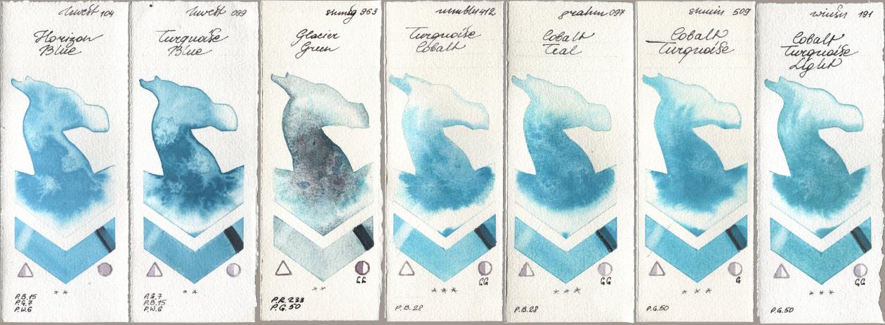Holbein Artists Watercolor 104 Horizon Blue, 099 Turquoise Blue, Shminke Horadam Aquarell 963 Glacier Green, Maimeri Blu 412 Turquoise Cobalt, M. Graham & Co. Artists 097 Cobalt Teal, 509 Cobalt Turquoise, Winsor & Newton Professional 191 Cobalt Turquoise Lig watercolor swatch