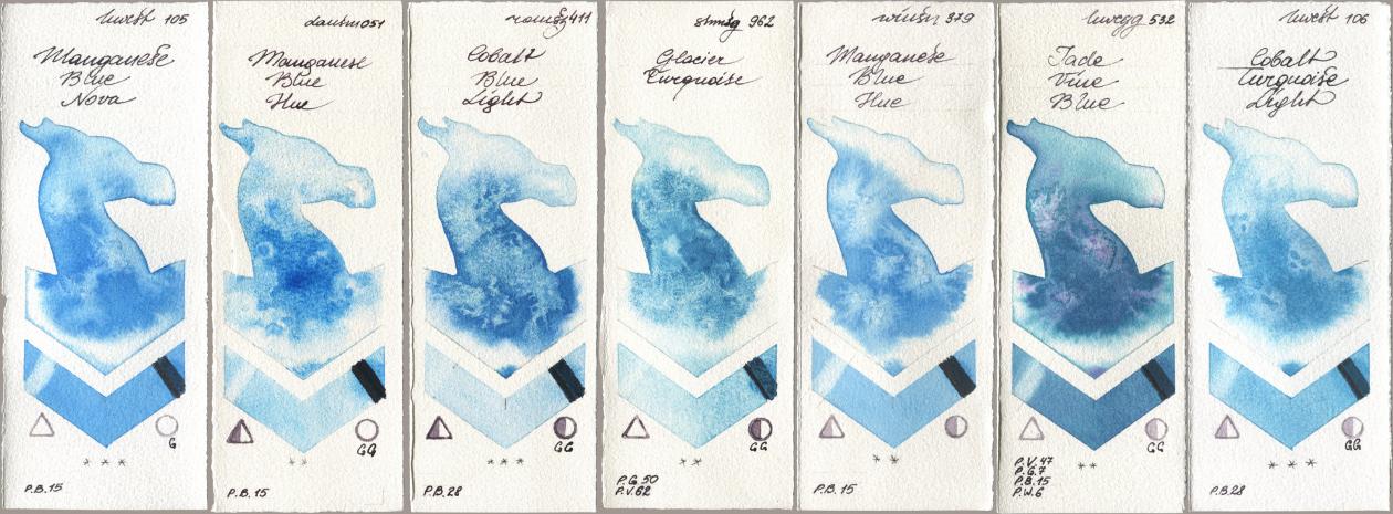 Holbein Artists Watercolor 105 Manganese Blue Nova, Daniel Smith 051 Manganese Blue Hue, Roman Szmal Aquarius 411 Cobalt Blue Light, Shminke Horadam Aquarell 962 Glacier Turquoise, Winsor & Newton Professional 379 Manganese Blue Hue, 532 Jade Vine Blue, 106 Cobalt Turquoise Lig watercolor swatch