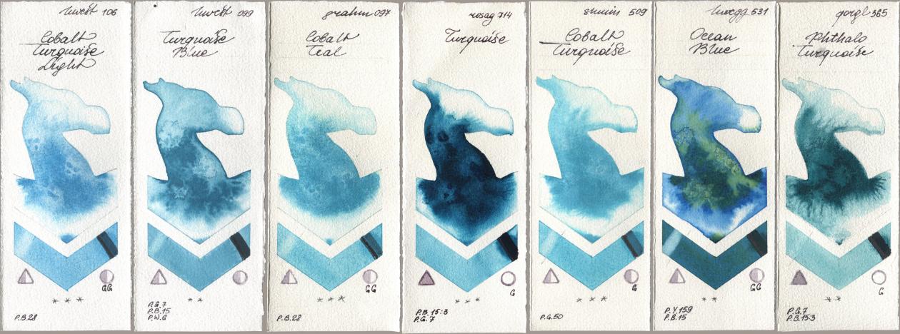 Holbein Artists Watercolor 106 Cobalt Turquoise Light, 099 Turquoise Blue, M. Graham & Co. Artists 097 Cobalt Teal, Rosa Gallery 714 Turquoise, Shminke Horadam Aquarell 509 Cobalt Turquoise, 531 Ocean Blue, Golden QOR 365 Phthalo Turquoi watercolor swatch