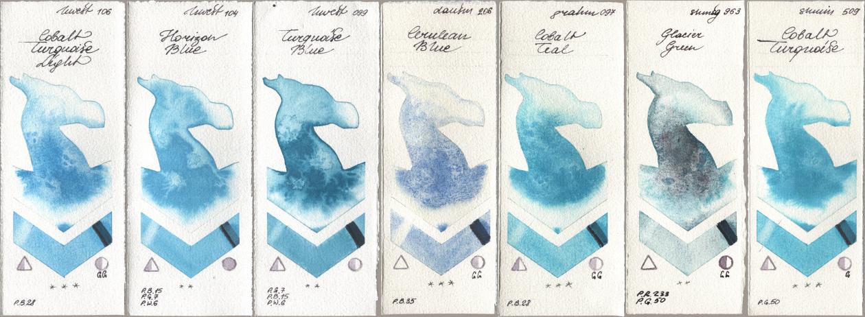 Holbein Artists Watercolor 106 Cobalt Turquoise Light, 104 Horizon Blue, 099 Turquoise Blue, Daniel Smith 206 Cerulean Blue, M. Graham & Co. Artists 097 Cobalt Teal, Shminke Horadam Aquarell 963 Glacier Green, 509 Cobalt Turquoi watercolor swatch