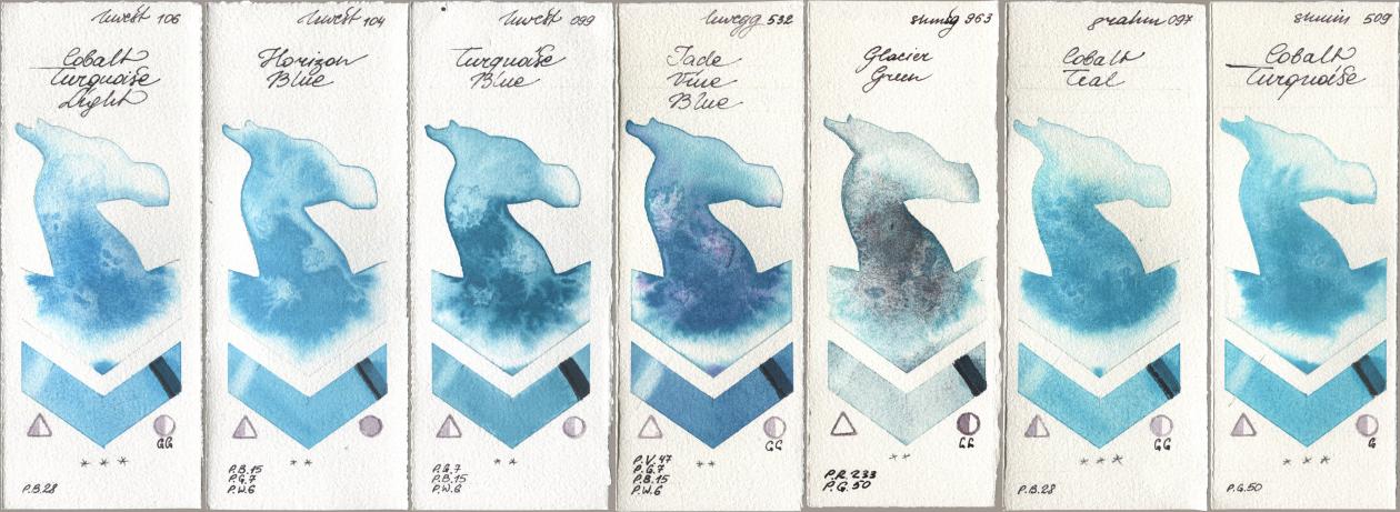 Holbein Artists Watercolor 106 Cobalt Turquoise Light, 104 Horizon Blue, 099 Turquoise Blue, 532 Jade Vine Blue, Shminke Horadam Aquarell 963 Glacier Green, M. Graham & Co. Artists 097 Cobalt Teal, 509 Cobalt Turquoi watercolor swatch