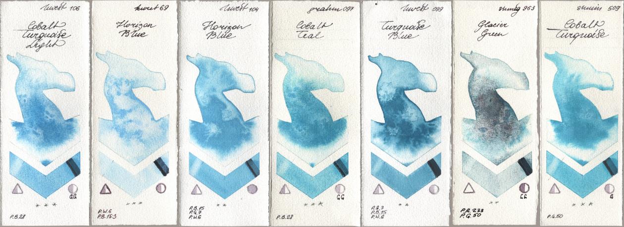 Holbein Artists Watercolor 106 Cobalt Turquoise Light, Kuretake Gansai Tambi 069 Horizon Blue, 104 Horizon Blue, M. Graham & Co. Artists 097 Cobalt Teal, 099 Turquoise Blue, Shminke Horadam Aquarell 963 Glacier Green, 509 Cobalt Turquoi watercolor swatch