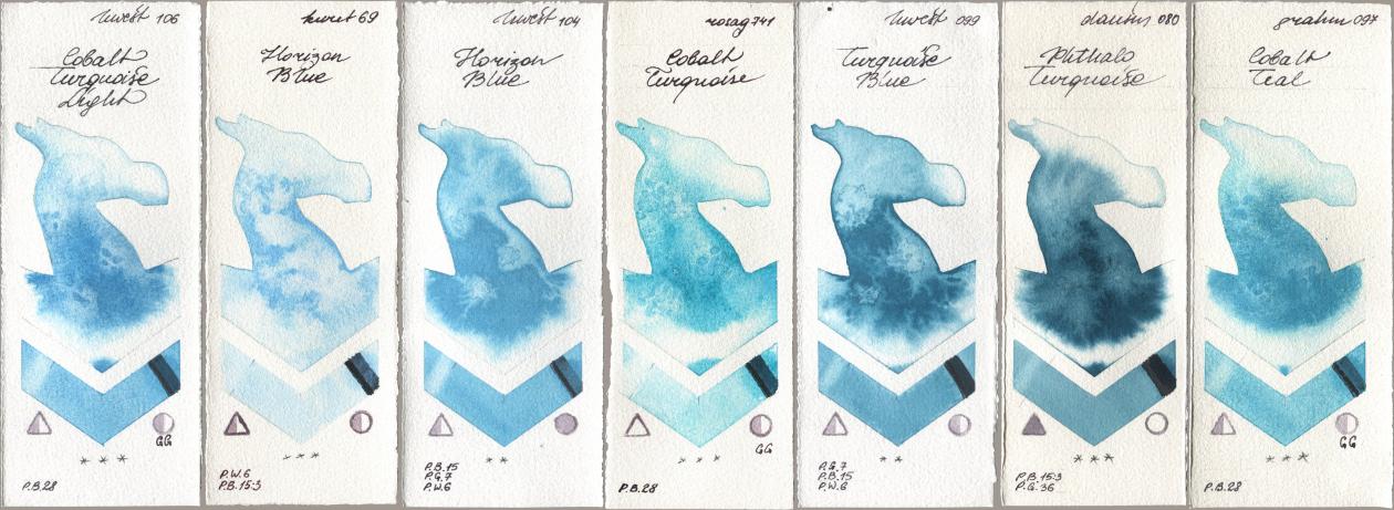 Holbein Artists Watercolor 106 Cobalt Turquoise Light, Kuretake Gansai Tambi 069 Horizon Blue, 104 Horizon Blue, Rosa Gallery 741 Cobalt Turquoise, 099 Turquoise Blue, Daniel Smith 080 Phthalo Turquoise, M. Graham & Co. Artists 097 Cobalt Te watercolor swatch
