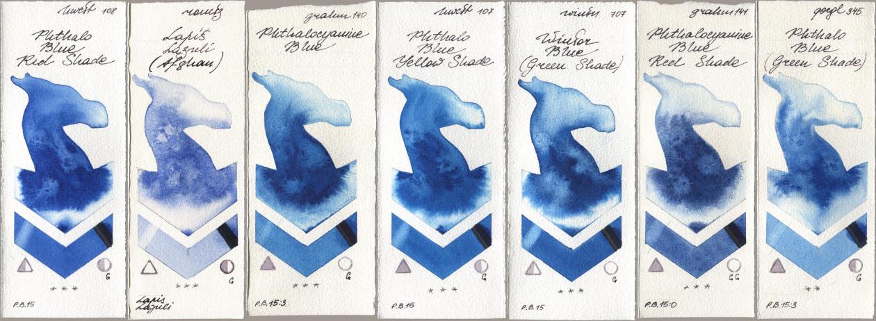 Holbein Artists Watercolor 108 Phthalo Blue Red Shade, Roman Szmal Aquarius 999 Lapis Lazuli Afghan, M. Graham & Co. Artists 140 Phthalocyanine Blue, 107 Phthalo Blue Yellow Shade, Winsor & Newton Professional 707 Winsor Blue (Green Shade), 141 Phthalocyanine Blue Red Shade, Golden QOR 345 Phthalo Blue (Green Shad watercolor swatch