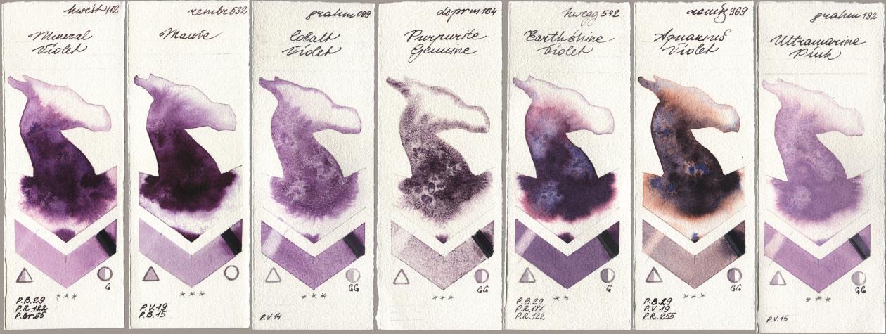 Holbein Artists Watercolor 112 Mineral Violet, Royal Talens Rembrandt Watercolour 532 Mauve, M. Graham & Co. Artists 099 Cobalt Violet, Daniel Smith 164 Purpurite Genuine, 542 Earthshine Violet, Roman Szmal Aquarius 369 Aquarius Violet, 192 Ultramarine Pi watercolor swatch