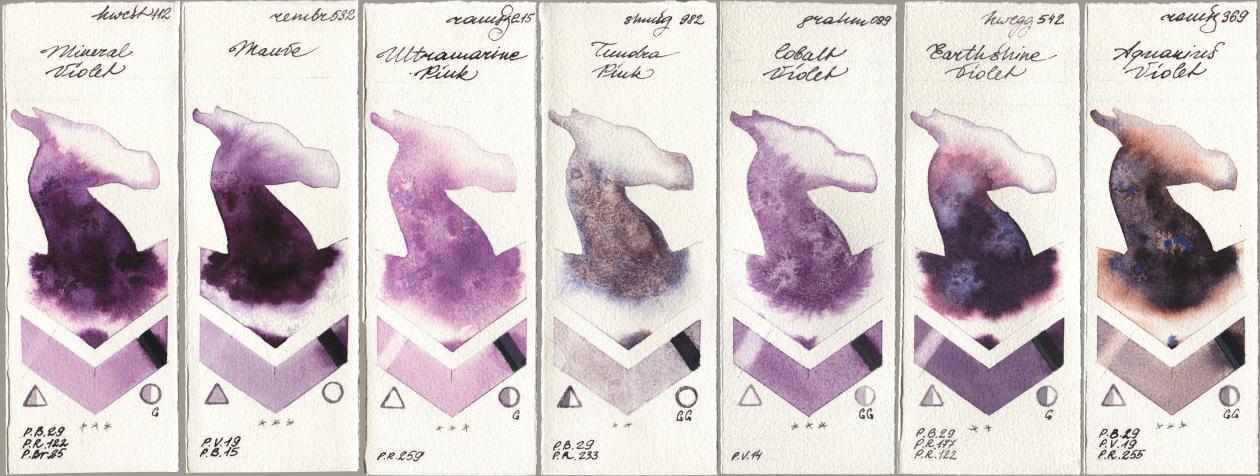 Holbein Artists Watercolor 112 Mineral Violet, Royal Talens Rembrandt Watercolour 532 Mauve, Roman Szmal Aquarius 215 Ultramarine Pink, Shminke Horadam Aquarell 982 Tundra Pink, M. Graham & Co. Artists 099 Cobalt Violet, 542 Earthshine Violet, 369 Aquarius Viol watercolor swatch