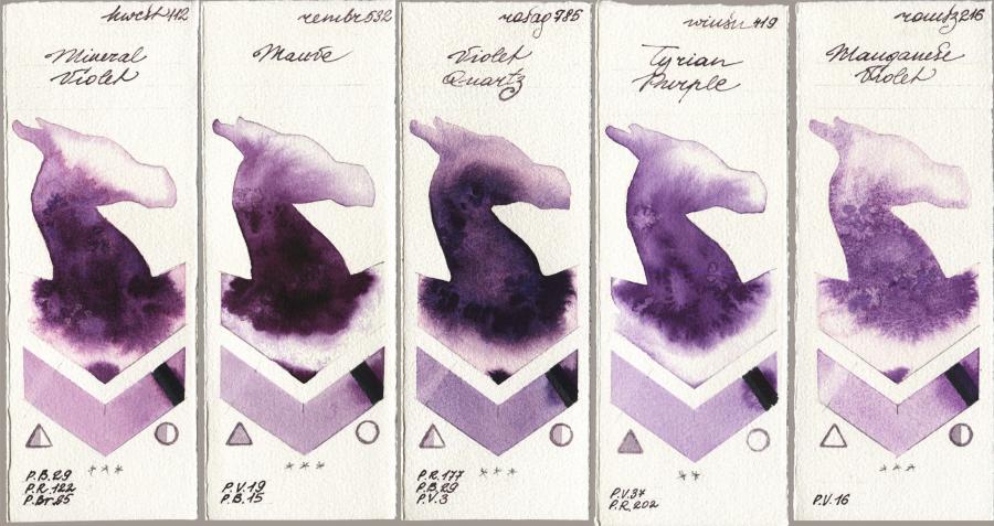 Holbein Artists Watercolor 112 Mineral Violet vs Royal Talens Rembrandt Watercolour 532 Mauve vs Rosa Gallery 785 Violet Quartz vs Winsor & Newton Professional 419 Tyrian Purple vs Roman Szmal Aquarius 216 Manganese Violet watercolor swatch