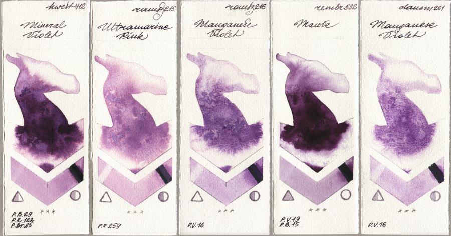 Holbein Artists Watercolor 112 Mineral Violet vs Roman Szmal Aquarius 215 Ultramarine Pink vs 216 Manganese Violet vs Royal Talens Rembrandt Watercolour 532 Mauve vs Daniel Smith 261 Manganese Violet watercolor swatch