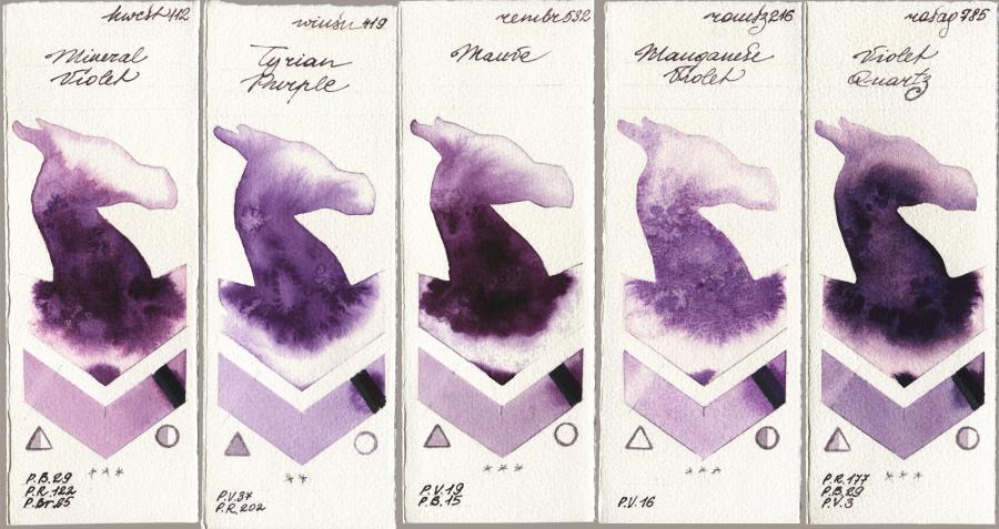 Holbein Artists Watercolor 112 Mineral Violet vs Winsor & Newton Professional 419 Tyrian Purple vs Royal Talens Rembrandt Watercolour 532 Mauve vs Roman Szmal Aquarius 216 Manganese Violet vs Rosa Gallery 785 Violet Quartz watercolor swatch