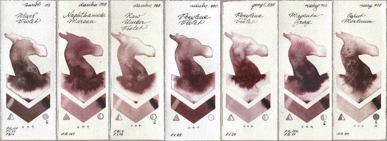 Holbein Artists Watercolor 113 Mars Violet, Daniel Smith 059 Naphthamide Maroon, 098 Raw Umber Violet, Winsor & Newton Professional 470 Perylene Violet, Golden QOR 635 Perylene Violet, Rosa Gallery 764 Magenta Gray, 758 Caput Mortu watercolor swatch