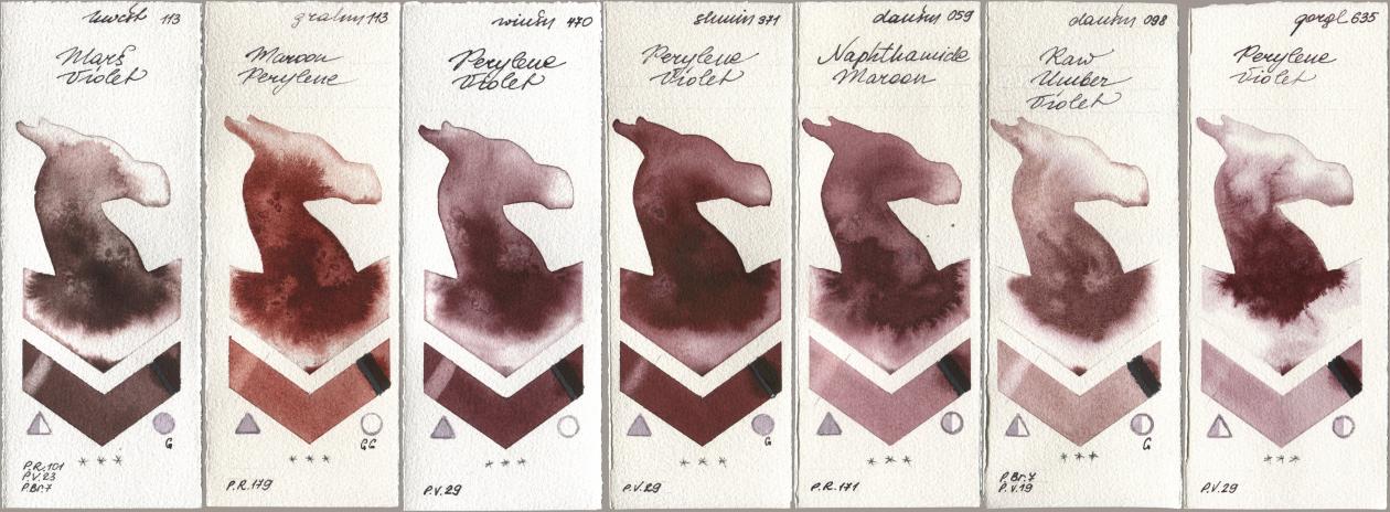 Holbein Artists Watercolor 113 Mars Violet, M. Graham & Co. Artists 113 Maroon Perylene, Winsor & Newton Professional 470 Perylene Violet, Shminke Horadam Aquarell 371 Perylene Violet, Daniel Smith 059 Naphthamide Maroon, 098 Raw Umber Violet, Golden QOR 635 Perylene Viol watercolor swatch