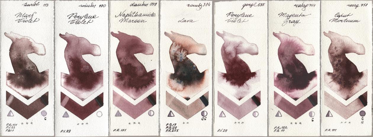 Holbein Artists Watercolor 113 Mars Violet, Winsor & Newton Professional 470 Perylene Violet, Daniel Smith 059 Naphthamide Maroon, Roman Szmal Aquarius 384 Lava, Golden QOR 635 Perylene Violet, Rosa Gallery 764 Magenta Gray, 758 Caput Mortu watercolor swatch