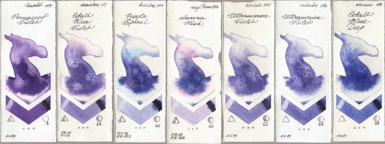 Holbein Artists Watercolor 115 Permanent Violet, Daniel Smith 115 Cobalt Blue Violet, Kusakabe 001 Purple Spinel, Mijello Mission Gold 814 Aurora Pink, Shinhan PWC 641 Ultramarine Violet, Winsor & Newton Professional 672 Ultramarine Violet, Shminke Horadam Aquarell 488 Cobalt Blue De watercolor swatch