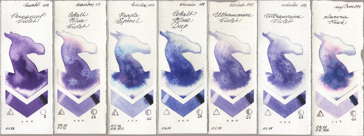 Holbein Artists Watercolor 115 Permanent Violet, Daniel Smith 115 Cobalt Blue Violet, Kusakabe 001 Purple Spinel, Shminke Horadam Aquarell 488 Cobalt Blue Deep, Shinhan PWC 641 Ultramarine Violet, Winsor & Newton Professional 672 Ultramarine Violet, Mijello Mission Gold 814 Aurora Pi watercolor swatch
