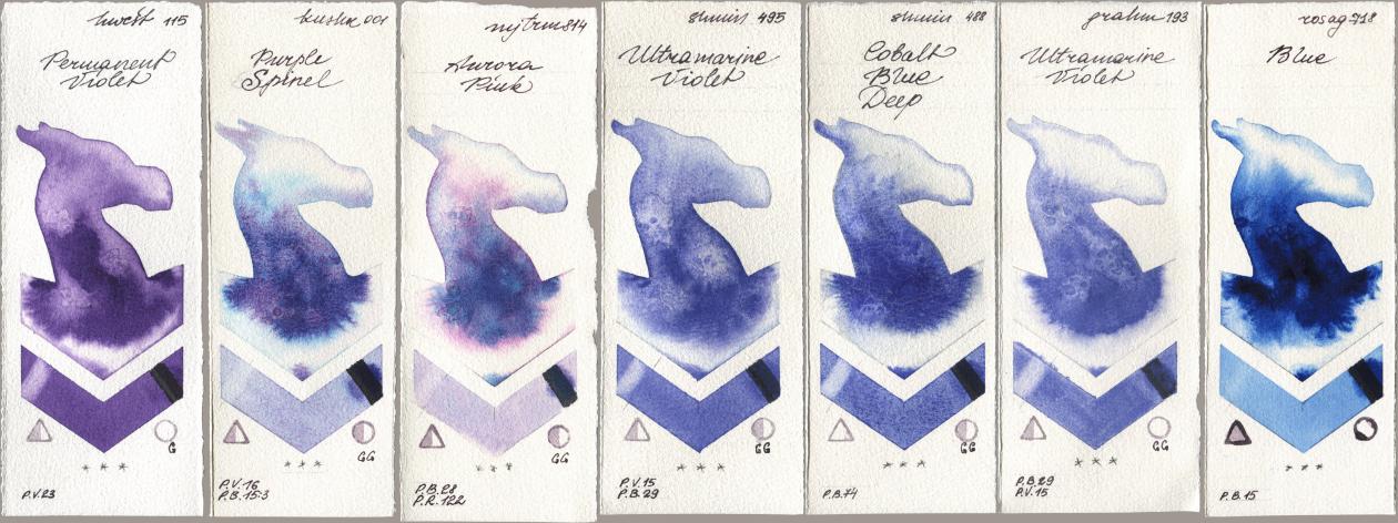 Holbein Artists Watercolor 115 Permanent Violet, Kusakabe 001 Purple Spinel, Mijello Mission Gold 814 Aurora Pink, Shminke Horadam Aquarell 495 Ultramarine Violet, 488 Cobalt Blue Deep, M. Graham & Co. Artists 193 Ultramarine Violet, Rosa Gallery 718 Bl watercolor swatch