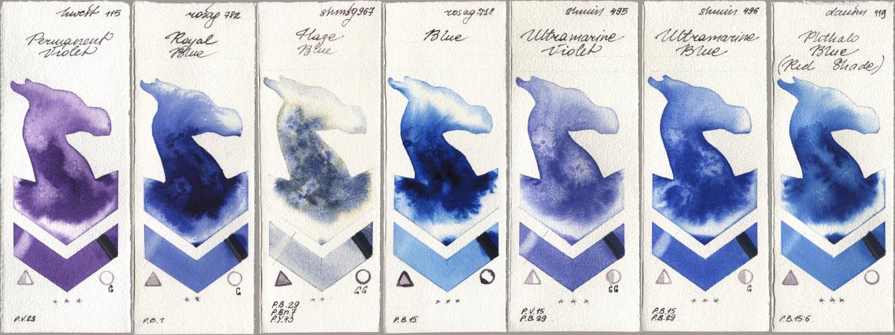 Holbein Artists Watercolor 115 Permanent Violet, Rosa Gallery 782 Royal Blue, Shminke Horadam Aquarell 967 Haze Blue, 718 Blue, 495 Ultramarine Violet, 496 Ultramarine Blue, Daniel Smith 119 Phthalo Blue (Red Shad watercolor swatch