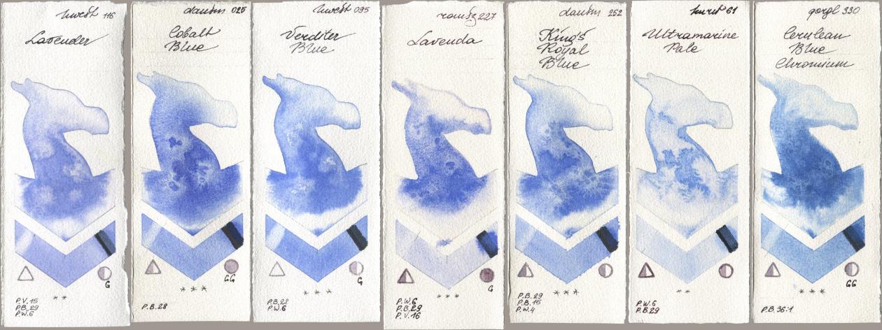 Holbein Artists Watercolor 116 Lavender, Daniel Smith 025 Cobalt Blue, 095 Verditer Blue, Roman Szmal Aquarius 227 Lavenda, 252 King’s Royal Blue, Kuretake Gansai Tambi 061 Ultramarine Pale, Golden QOR 330 Cerulean Blue, Chromi watercolor swatch