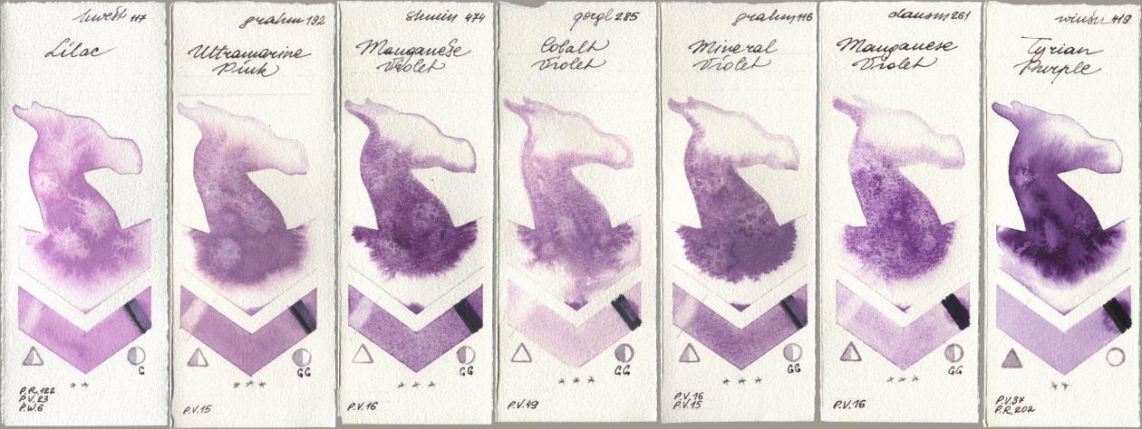 Holbein Artists Watercolor 117 Lilac, M. Graham & Co. Artists 192 Ultramarine Pink, Shminke Horadam Aquarell 474 Manganese Violet, Golden QOR 285 Cobalt Violet, 116 Mineral Violet, Daniel Smith 261 Manganese Violet, Winsor & Newton Professional 419 Tyrian Purp watercolor swatch