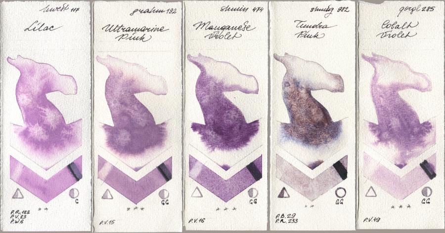 Holbein Artists Watercolor 117 Lilac, M. Graham & Co. Artists 192 Ultramarine Pink, Shminke Horadam Aquarell 474 Manganese Violet, 982 Tundra Pink, Golden QOR 285 Cobalt Viol watercolor swatch