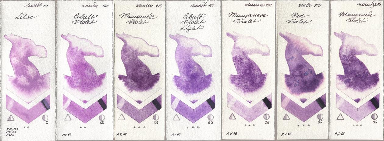 Holbein Artists Watercolor 117 Lilac, Winsor & Newton Professional 192 Cobalt Violet, Shminke Horadam Aquarell 474 Manganese Violet, 110 Cobalt Violet Light, Daniel Smith 261 Manganese Violet, Sennelier l Aquarelle 905 Red Violet, Roman Szmal Aquarius 216 Manganese Viol watercolor swatch