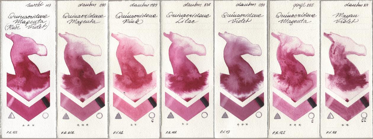 Holbein Artists Watercolor 119 Quinacridone Magenta (Rose Violet), Daniel Smith 090 Quinacridone Magenta, 095 Quinacridone Pink, 236 Quinacridone Lilac, 094 Quinacridone Violet, Golden QOR 265 Quinacridone Magenta, 214 Mayan Viol watercolor swatch