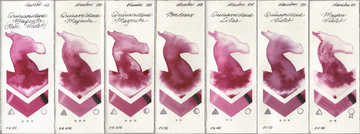 Holbein Artists Watercolor 119 Quinacridone Magenta (Rose Violet), Daniel Smith 090 Quinacridone Magenta, Shminke Horadam Aquarell 369 Quinacridone Magenta, 008 Bordeaux, 236 Quinacridone Lilac, 094 Quinacridone Violet, 214 Mayan Viol watercolor swatch