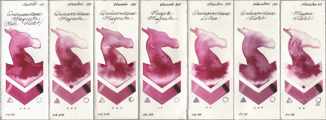 Holbein Artists Watercolor 119 Quinacridone Magenta (Rose Violet), Daniel Smith 090 Quinacridone Magenta, Shminke Horadam Aquarell 369 Quinacridone Magenta, 367 Purple Magenta, 236 Quinacridone Lilac, 094 Quinacridone Violet, 214 Mayan Viol watercolor swatch