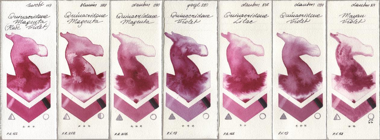 Holbein Artists Watercolor 119 Quinacridone Magenta (Rose Violet), Shminke Horadam Aquarell 369 Quinacridone Magenta, Daniel Smith 090 Quinacridone Magenta, Golden QOR 280 Quinacridone Violet, 236 Quinacridone Lilac, 094 Quinacridone Violet, 214 Mayan Viol watercolor swatch