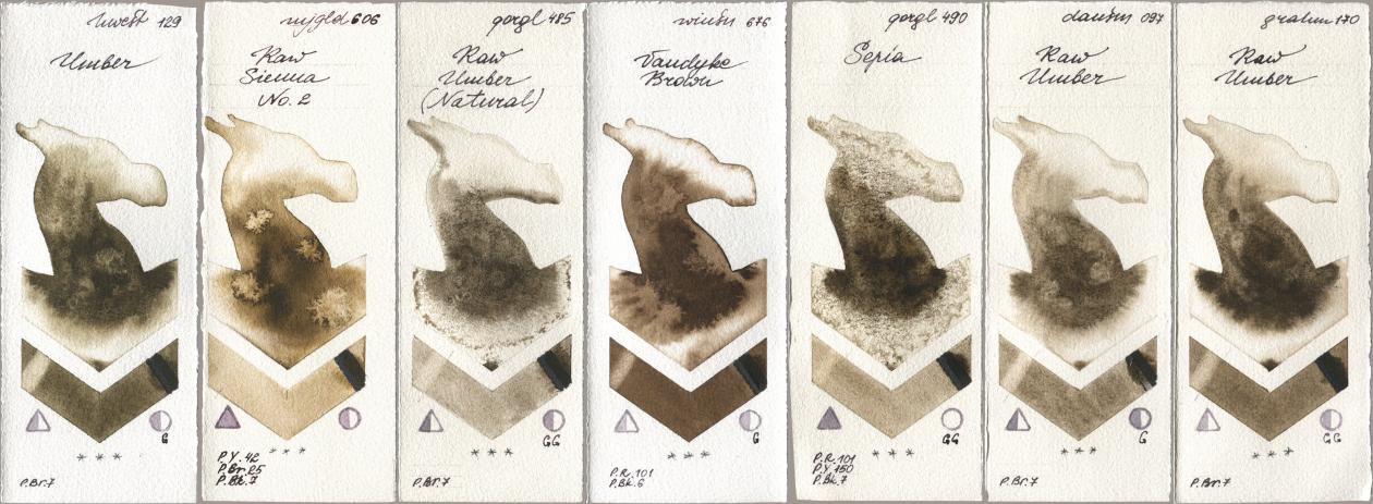 Holbein Artists Watercolor 129 Umber, Mijello Mission Gold 606 Raw Sienna No 2, Golden QOR 485 Raw Umber (Natural), Winsor & Newton Professional 676 Vandyke Brown, 490 Sepia, Daniel Smith 097 Raw Umber, M. Graham & Co. Artists 170 Raw Umb watercolor swatch