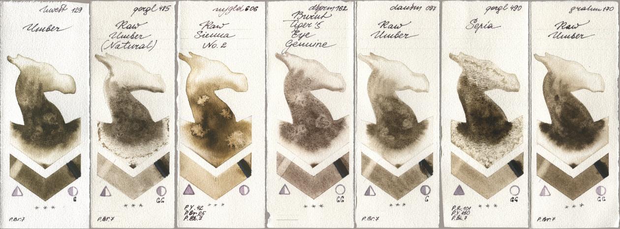 Holbein Artists Watercolor 129 Umber, Golden QOR 485 Raw Umber (Natural), Mijello Mission Gold 606 Raw Sienna No 2, Daniel Smith 162 Burnt Tigers Eye Genuine, 097 Raw Umber, 490 Sepia, M. Graham & Co. Artists 170 Raw Umb watercolor swatch