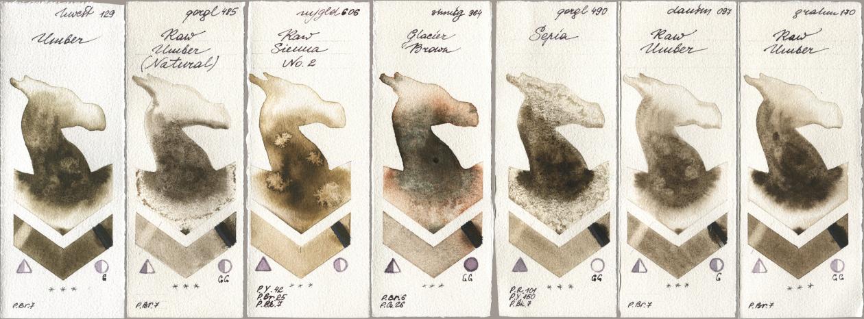 Holbein Artists Watercolor 129 Umber, Golden QOR 485 Raw Umber (Natural), Mijello Mission Gold 606 Raw Sienna No 2, Shminke Horadam Aquarell 964 Glacier Brown, 490 Sepia, Daniel Smith 097 Raw Umber, M. Graham & Co. Artists 170 Raw Umb watercolor swatch