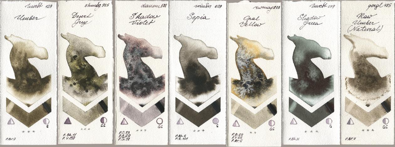 Holbein Artists Watercolor 129 Umber, Shminke Horadam Aquarell 925 Desert Grey, Daniel Smith 188 Shadow Violet, Winsor & Newton Professional 609 Sepia, Rockwell 233 Opal Yellow, 079 Shadow Green, Golden QOR 485 Raw Umber (Natura watercolor swatch