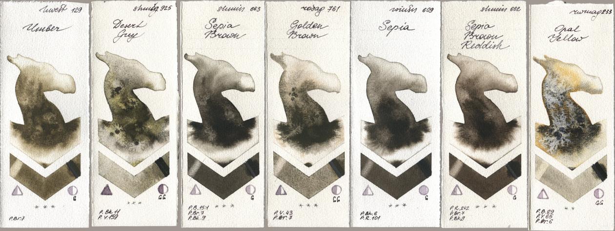 Holbein Artists Watercolor 129 Umber, Shminke Horadam Aquarell 925 Desert Grey, 663 Sepia Brown, Rosa Gallery 761 Golden Brown, Winsor & Newton Professional 609 Sepia, 662 Sepia Brown Reddish, Rockwell 233 Opal Yell watercolor swatch