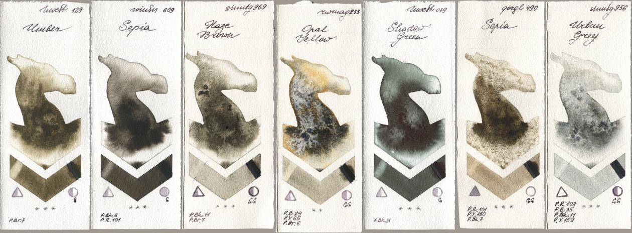 Holbein Artists Watercolor 129 Umber, Winsor & Newton Professional 609 Sepia, Shminke Horadam Aquarell 969 Haze Brown, Rockwell 233 Opal Yellow, 079 Shadow Green, Golden QOR 490 Sepia, 956 Urban Gr watercolor swatch