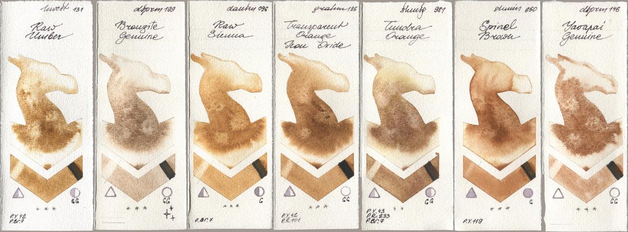 Holbein Artists Watercolor 131 Raw Umber, Daniel Smith 199 Bronzite Genuine, 096 Raw Sienna, M. Graham & Co. Artists 186 Transparent Orange Iron Oxide, Shminke Horadam Aquarell 981 Tundra Orange, 650 Spinel Brown, 146 Yavapai Genui watercolor swatch