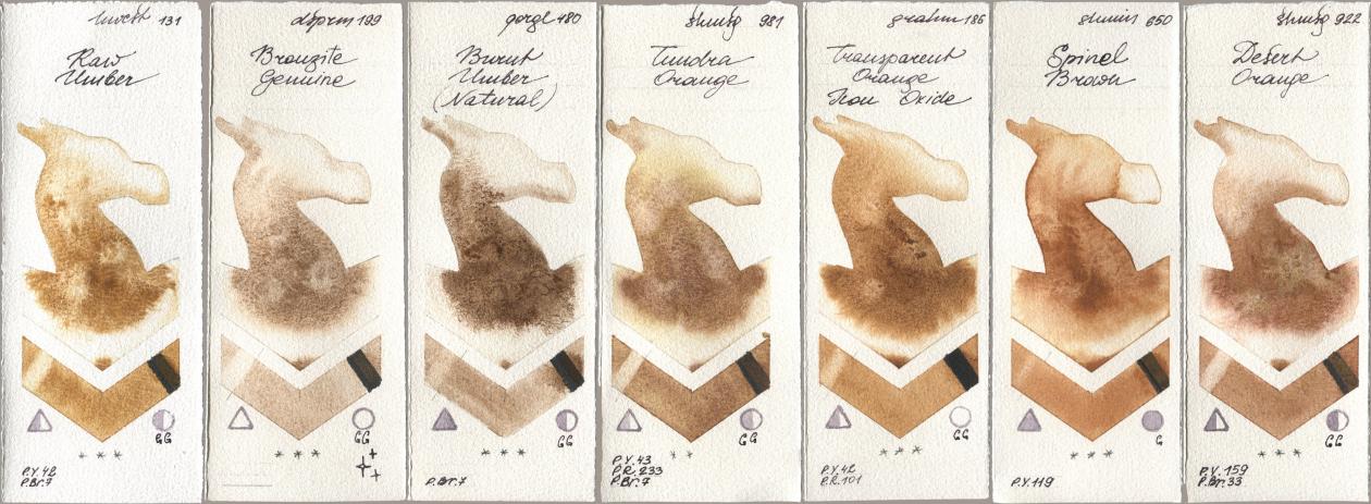 Holbein Artists Watercolor 131 Raw Umber, Daniel Smith 199 Bronzite Genuine, Golden QOR 480 Burnt Umber (Natural), Shminke Horadam Aquarell 981 Tundra Orange, M. Graham & Co. Artists 186 Transparent Orange Iron Oxide, 650 Spinel Brown, 922 Desert Oran watercolor swatch
