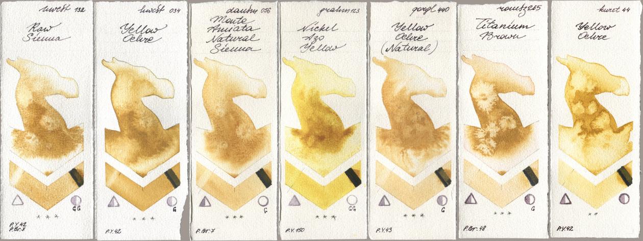 Holbein Artists Watercolor 132 Raw Sienna, 034 Yellow Ochre, Daniel Smith 056 Monte Amiata Natural Sienna, M. Graham & Co. Artists 123 Nickel Azo Yellow, Golden QOR 440 Yellow Ochre (Natural), Roman Szmal Aquarius 265 Titanium Brown, Kuretake Gansai Tambi 044 Yellow Och watercolor swatch