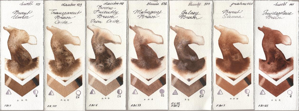 Holbein Artists Watercolor 133 Burnt Umber, Daniel Smith 129 Transparent Brown Oxide, 178 Enviro-Friendly Brown Iron Oxide, Shminke Horadam Aquarell 672 Mahagony Brown, 974 Galaxy Brown, M. Graham & Co. Artists 020 Burnt Sienna, 141 Imidazolone Bro watercolor swatch