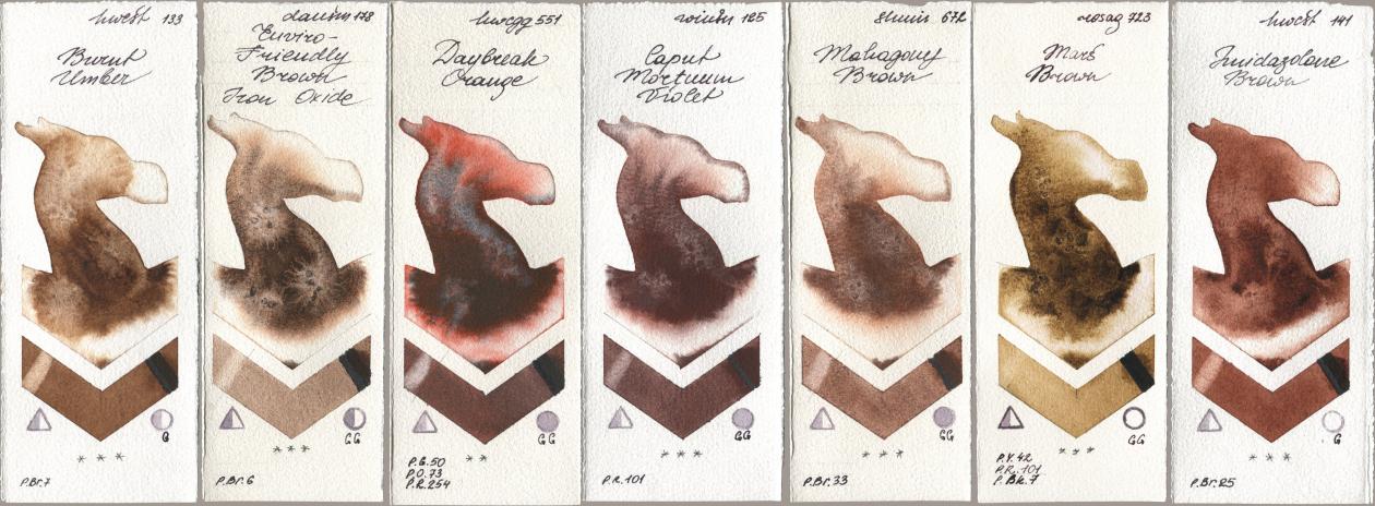 Holbein Artists Watercolor 133 Burnt Umber, Daniel Smith 178 Enviro-Friendly Brown Iron Oxide, 551 Daybreak Orange, Winsor & Newton Professional 125 Caput Mortuum Violet, Shminke Horadam Aquarell 672 Mahagony Brown, Rosa Gallery 723 Mars Brown, 141 Imidazolone Bro watercolor swatch