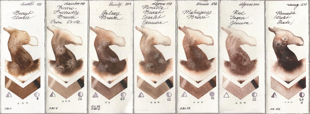 Holbein Artists Watercolor 133 Burnt Umber, Daniel Smith 178 Enviro-Friendly Brown Iron Oxide, Shminke Horadam Aquarell 974 Galaxy Brown, 158 Hematite Burnt Scarlet Genuine, 672 Mahagony Brown, 240 Red Jasper Genuine, Roman Szmal Aquarius 248 Hematite (Violet Shad watercolor swatch
